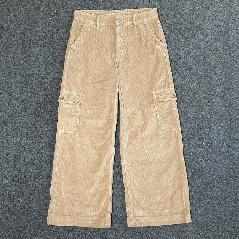 American Eagle Corduroy Pants Women 4 Beige Baggy Wide Leg Cargo Super High Rise